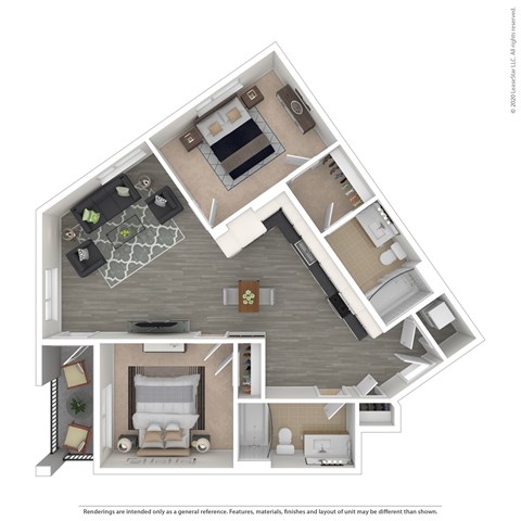 Floor plan for 2 beds, 2 baths, 891 sqft